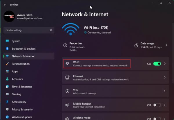 مک آدرس ویندوز ۱۱ وای فای