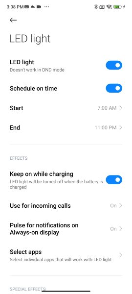 تنظیمات LED light settings