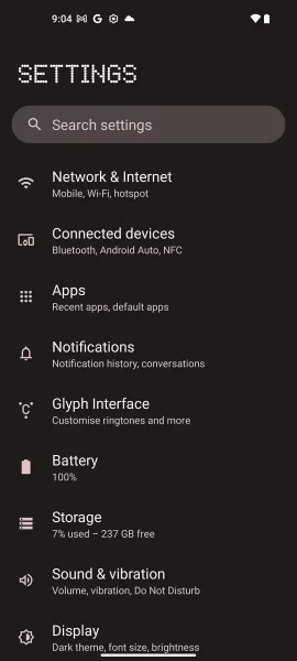 منوی گوشی Nothing Phone 1