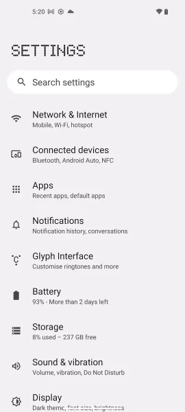 منوی گوشی Nothing Phone 1