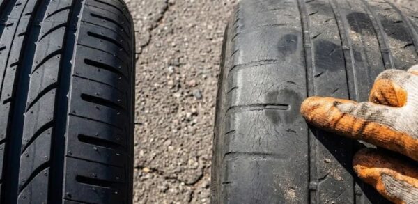 مقایسه تصویری لاستیک نو و لاستیک فرسوده در اثر گرمای جاده و آسفالت زبر؛ اهمیت بررسی عاج تایر.